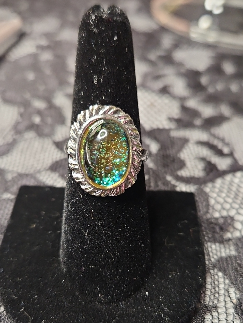 Adjustable Green Glitter Oval Ring with Silver Tone Setting